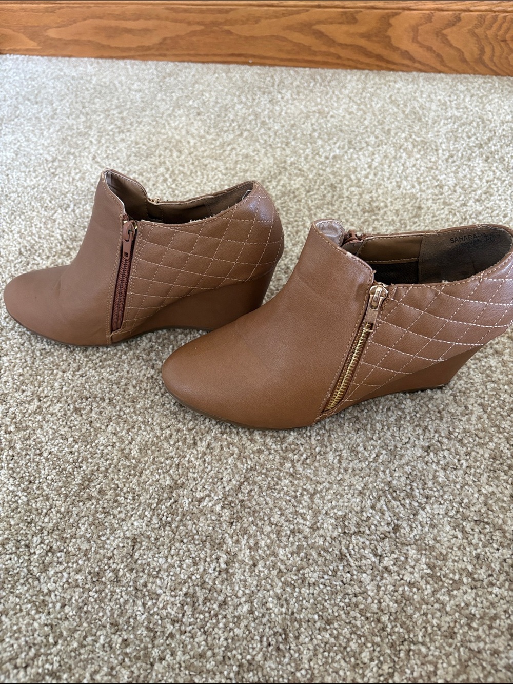Bella Marie Women’s Tan Quilted Wedge Ankle Booties with Side Zipper